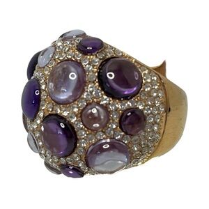 Gold Tone Purple Cabuchon Stone and White Crystal Dome Cocktail Ring Size 6.5